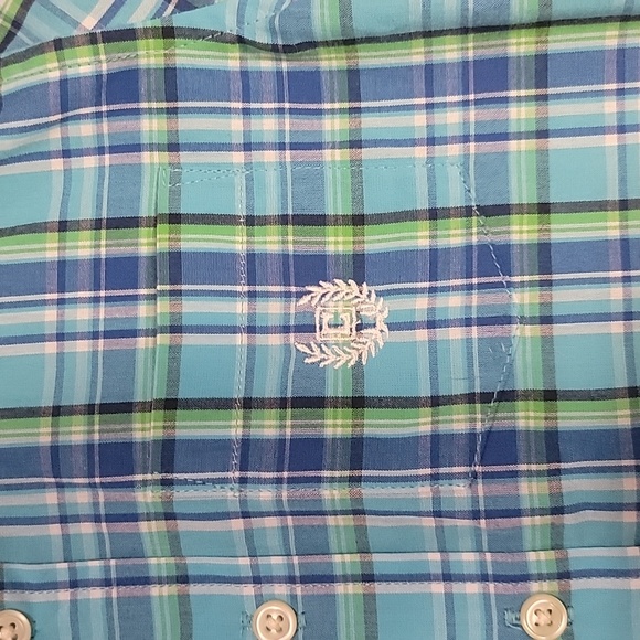 Chaps Boys 4T Button Up Plaid Short Sleeve Shirt with Collar Blue green white - Picture 2 of 7